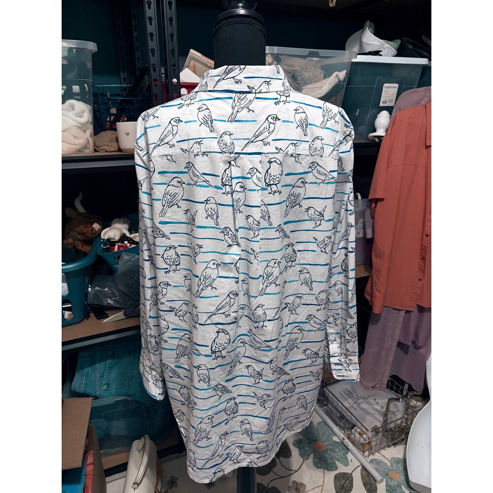 Talbots Plus 2X Bird Print Button Down Shirt Blue White Cotton Blouse - Picture 4 of 6